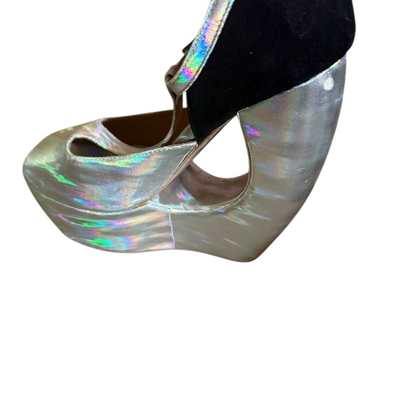JEFFREY CAMPBELL ROCKSLIP Holographic Suede PEEP-TOE PLATFORM Wedges🌈🦄 7.5 - Picture 5 of 16